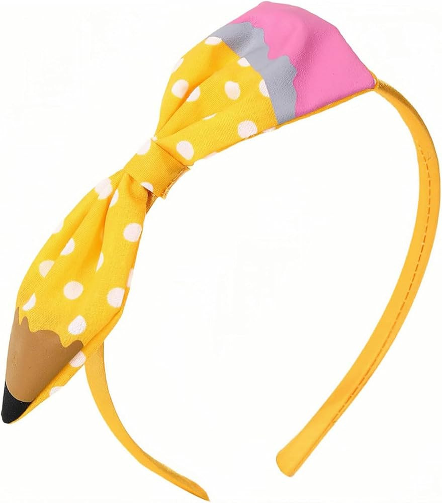 Back to School Headband Cute Pencil Bow Hair Band White Dots Yellow Pencil Bows Hair Hoop Back To... | Amazon (US)