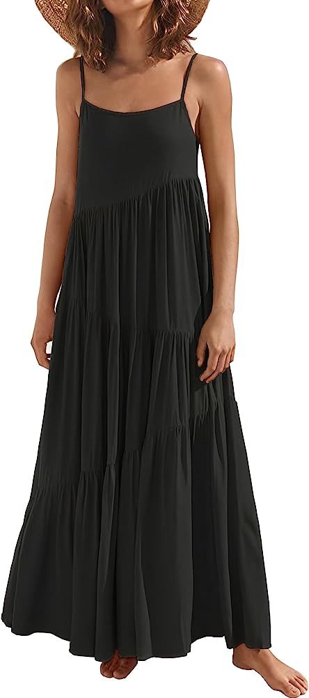 Womens Summer Dresses Loose Sleeveless Spaghetti Strap Asymmetric Tiered Maxi Dress | Amazon (US)