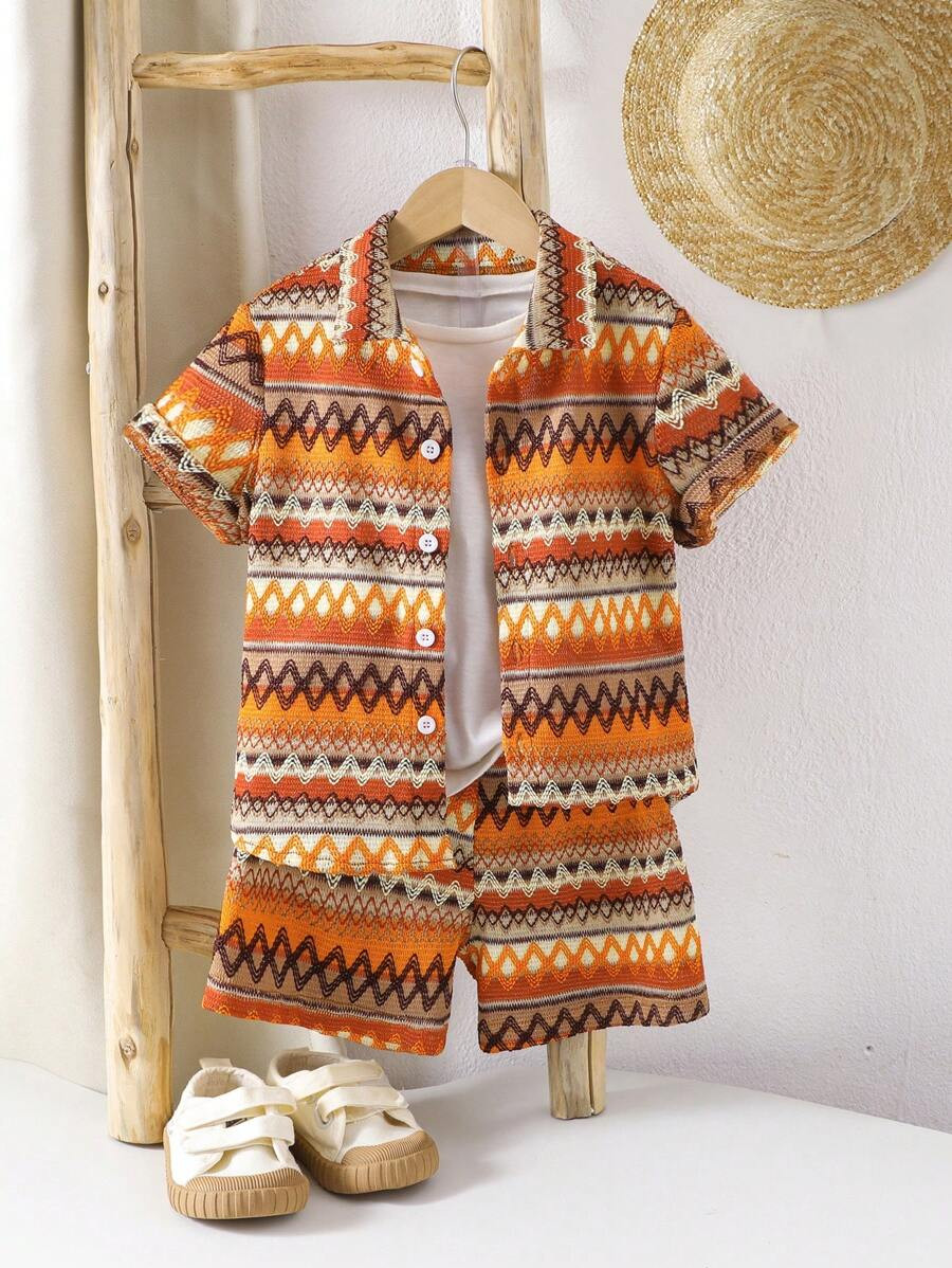 SHEIN Mirajuku Young Boy Short Sleeve Shirt & Shorts Set, Fashion Summer T-Shirt Outfit Orange Ki... | SHEIN