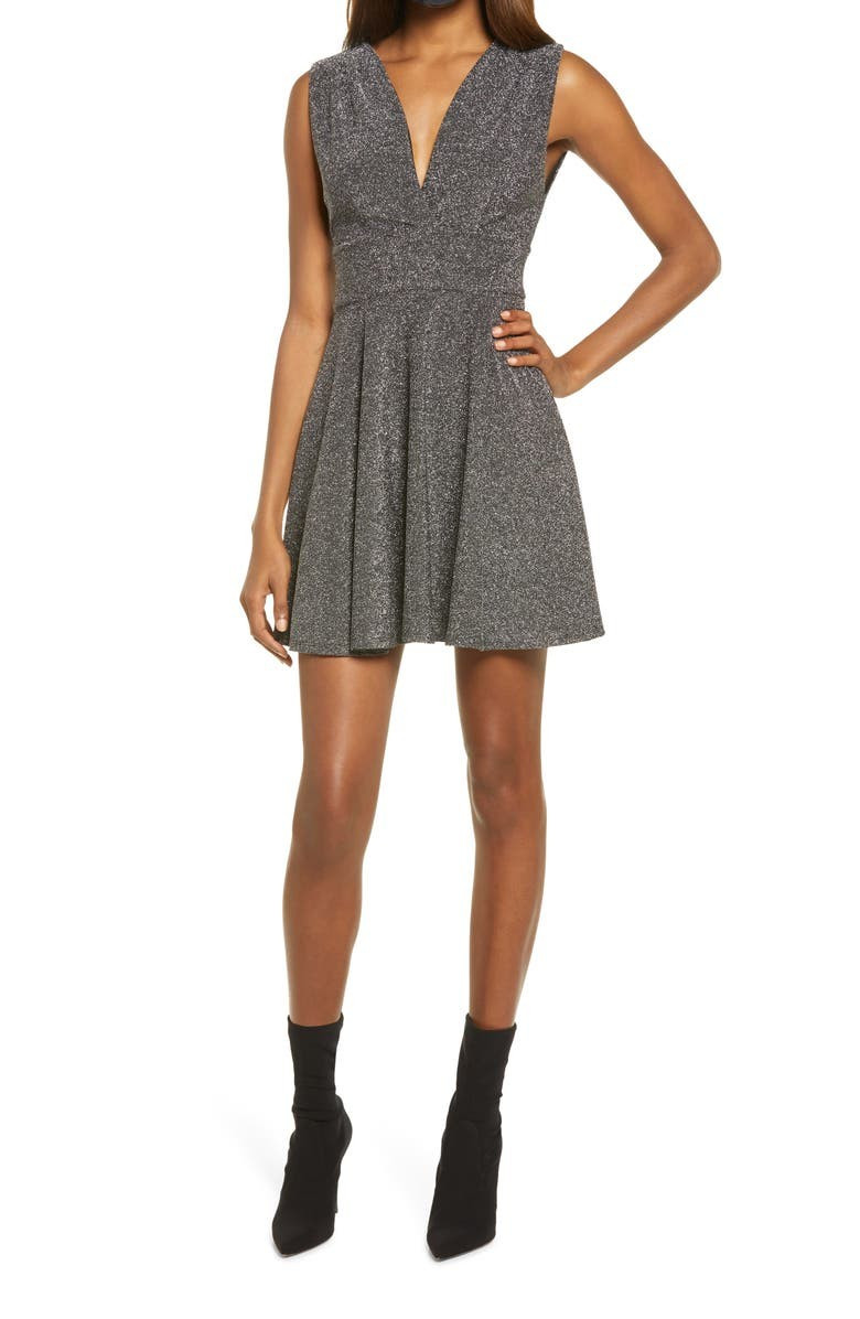 Shimmer Deep V-Neck Fit & Flare Minidress | Nordstrom