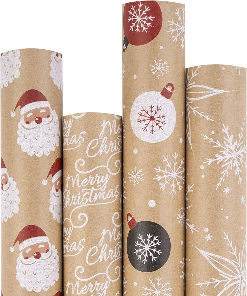 RUSPEPA Christmas Wrapping Paper, Kraft Paper - Santa Claus, Snowflake, Christmas Ball and Merry ... | Amazon (US)