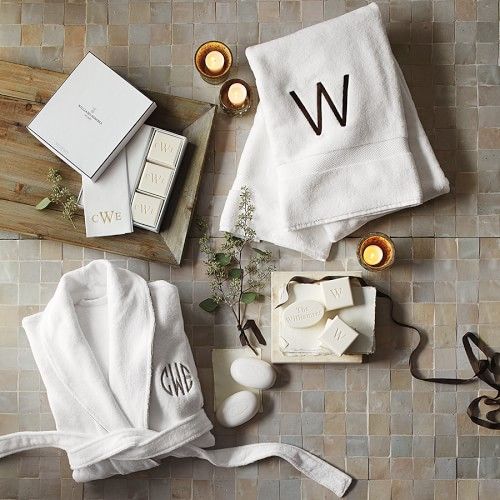 Williams Sonoma Home Monogrammed Soap & Towel Gift Set, Aqua Mineral, Gold Leaf | Williams-Sonoma