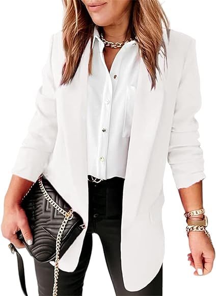 Langwyqu Womens Casual Open Front Blazers Long Sleeve Work Office Jacket Blazer White at Amazon W... | Amazon (US)