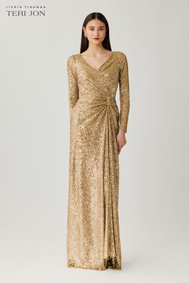 Sequin Wrap Side Drape Gown | TERI JON