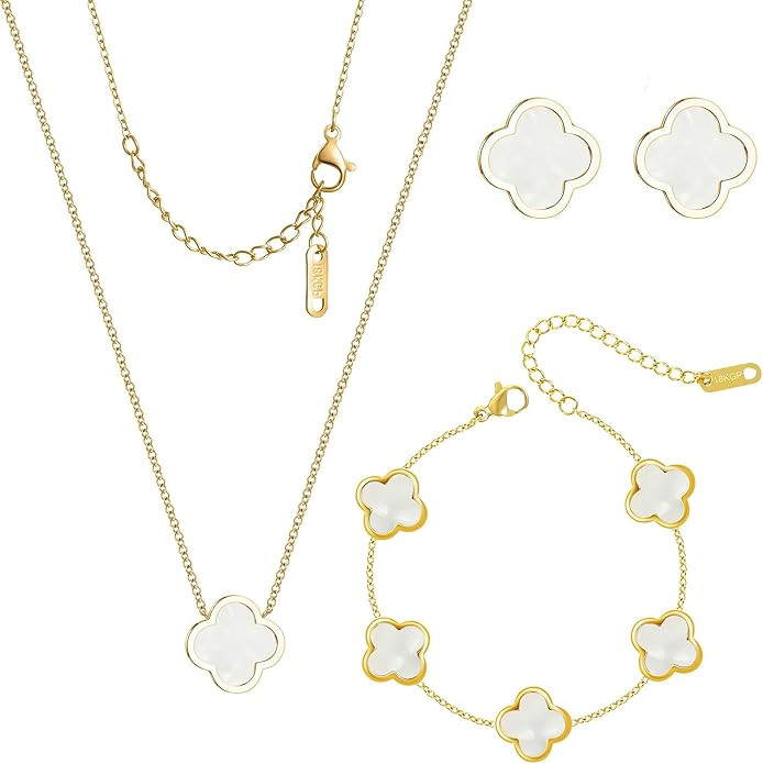 3 PC Set 18K Gold Plated Clover Necklace Bracelets Earrings Dainty Four Leaf Clover Bracelets For... | Amazon (US)