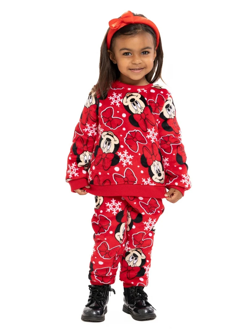 Minnie Mouse Toddler Girls Plush Print Sweatshirt and Pants Set, 2-Piece, Sizes 12M-5T | Walmart (US)