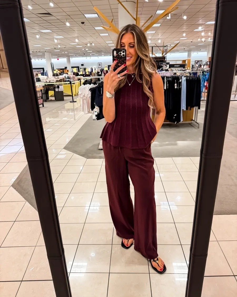 I keep coming back to monochromatic outfits because they always look elevated with very little effort. The deep burgundy knit has beautiful texture, the wide leg pants drape so nicely, and wearing the same rich tone head to toe makes the whole outfit feel incredibly chic for late summer and fall.

Size M

burgundy outfit, monochromatic outfit, knit tank, wide leg pants, fall fashion, matching separates, neutral fall style, elevated everyday outfit, women’s fashion, Nordstrom Anniversary Sale, TheMomInStyle

#LTKootd #LTKSeasonal #LTKSaleAlert