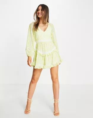 Ever New backless balloon sleeve tiered mini dress with lace inserts in pastel floral | ASOS (Global)