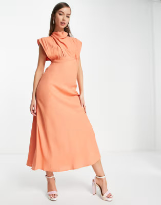ASOS DESIGN high neck linen midi dress in coral | ASOS (Global)