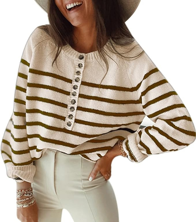 Amkoyam Women's Striped Sweaters 2023 Long Sleeves Knitted Casual Pullovers Loose Shirt Tops with... | Amazon (US)