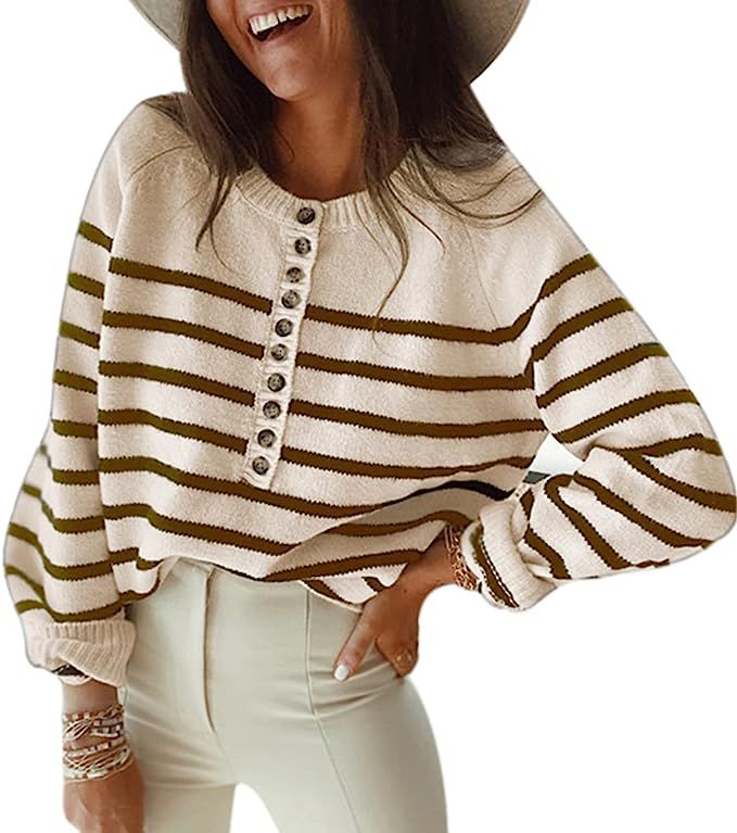 Amkoyam Women’s Striped Sweaters Long Sleeves Knitted Casual Pullovers Loose Fit Shirt Tops wit... | Amazon (US)