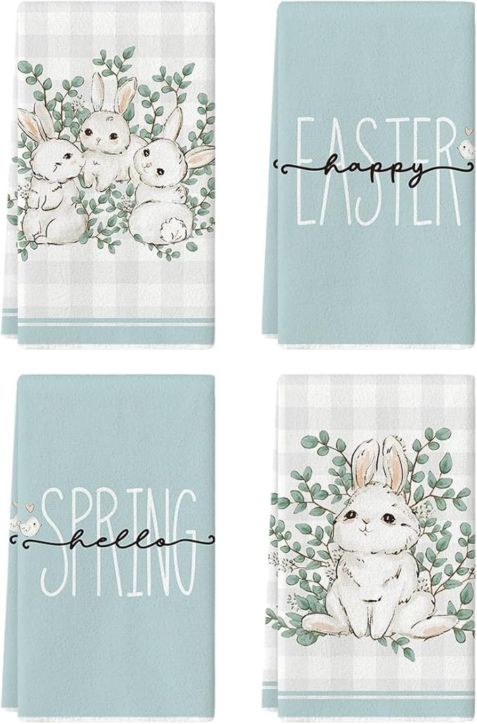 Artoid Mode Buffalo Plaid Bunny Rabbit Eucalyptus Leaves Happy Easter Kitchen Towels Dish Towels,... | Amazon (US)