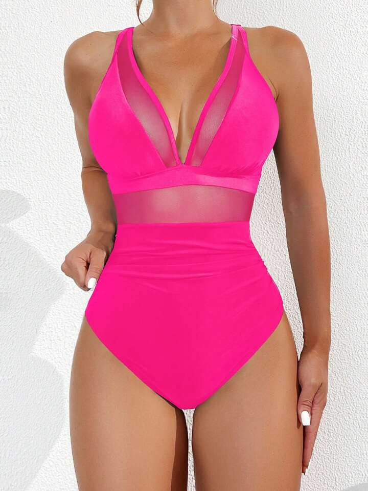 Swim Basics Summer Beach Wire Mesh Contrast One-Piece Swimsuit Valentine | SHEIN