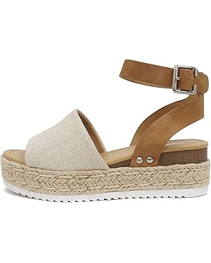 Soda Topic Open Toe Buckle Ankle Strap Espadrilles Flatform Wedge Casual Sandal | Amazon (US)