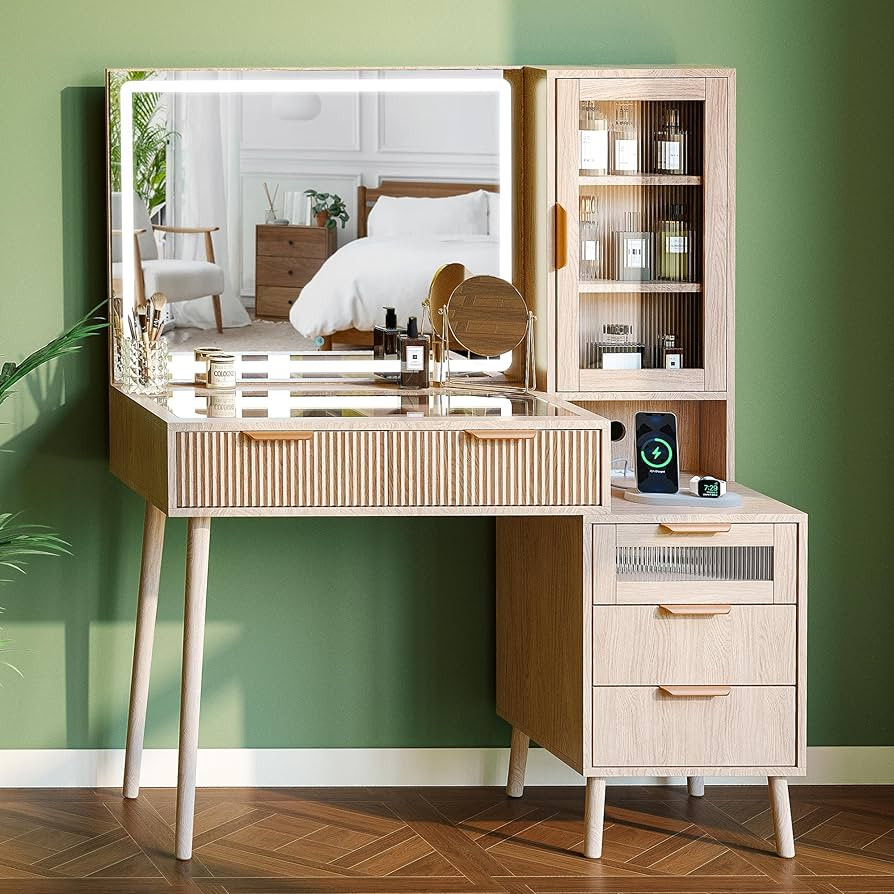 Fluted Makeup Vanity Desk with Mirror and Lights, 5 Drawers Glass Top Makeup Vanity with 4 Storag... | Amazon (US)