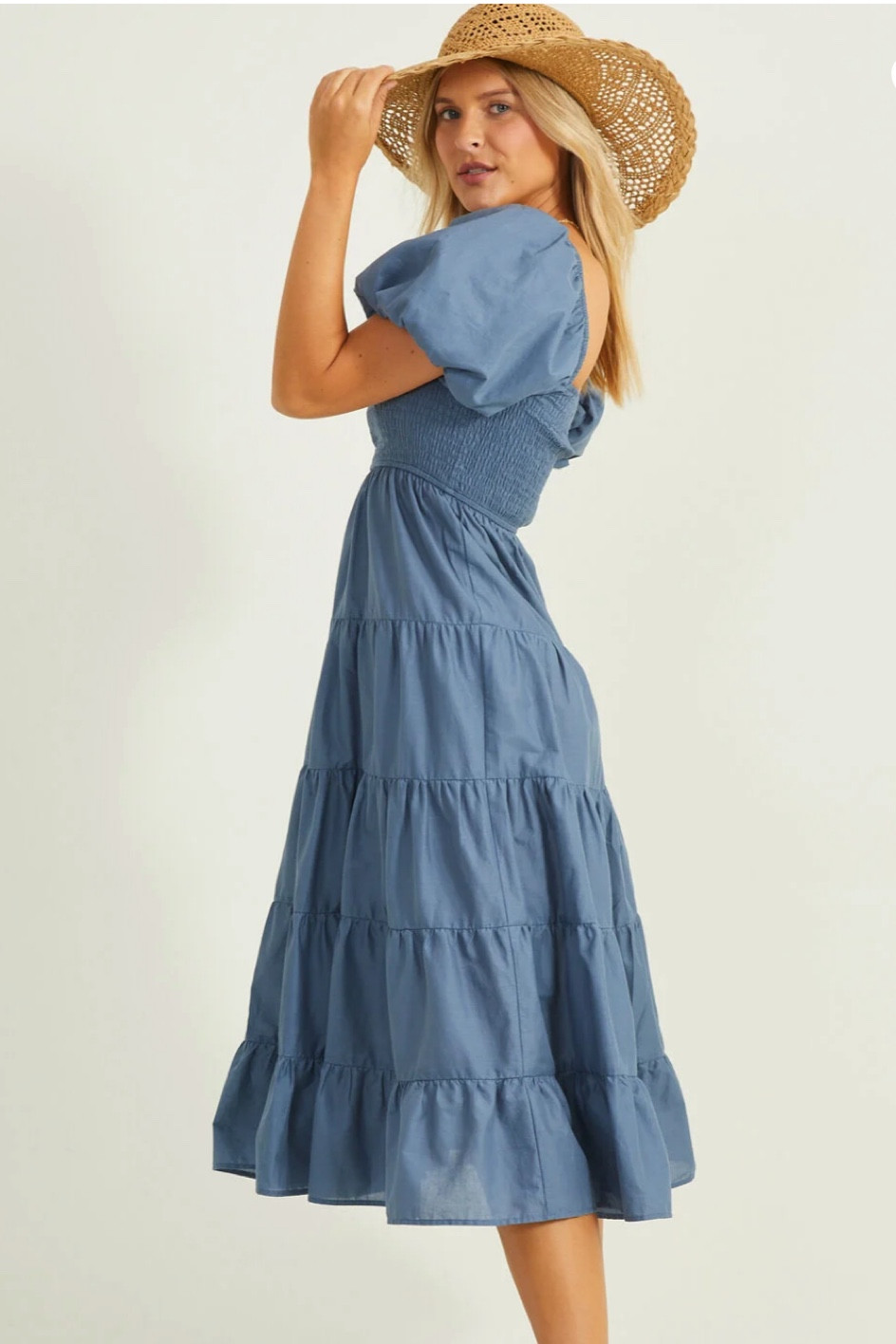 Tiered dusty blue puff sleeve midi dress, cute outfit for a country concert!

#LTKstyletip #LTKunder100 #LTKFind