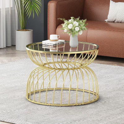 Glass Coffee Table Round Cocktail Table Center Table Accent Table Sofa Table with Golden Metal Frame and Hollowed Design-ModernLuxe | Target