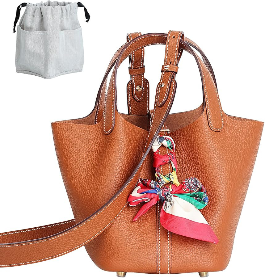 Genuine Leather Bucket Bag with Shoulder Strap, Organizer Insert & Silk Scarf for Women Handbag T... | Amazon (US)