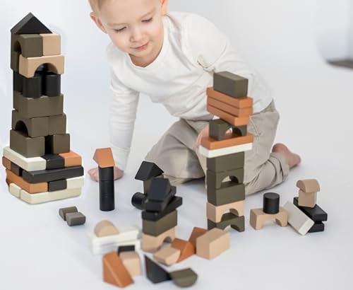 The Modern Ramona Educational Stacking Blocks for Toddlers 1–3 – 46-Piece Wooden Building Block Set | Montessori-Inspired Learning Toy with Storage Bag | Safe, Non-Toxic, Earth-Tone Colors | Amazon (US)