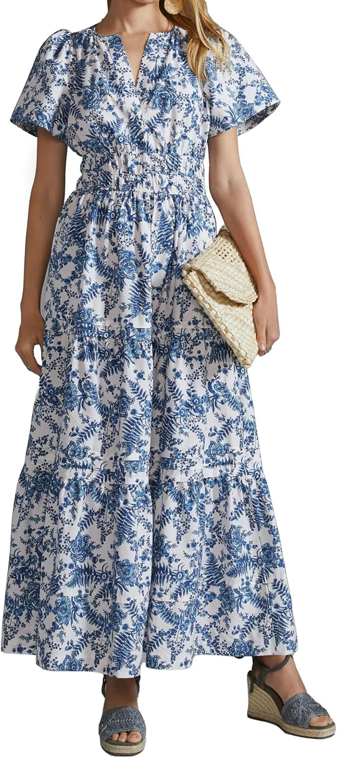 Women's Summer Print Maxi Dress with V-Neck, Smocked Waist, Side Pockets and Pintucked Hem | Amazon (US)