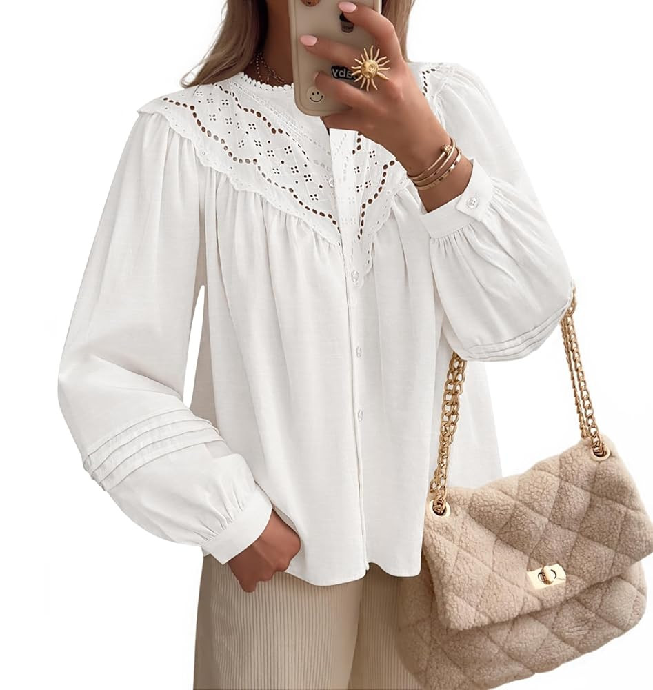 ZESICA Long Puff Sleeve Babydoll Tops for Women Lace Crochet Button Down Boho Victorian Shirts Dr... | Amazon (US)