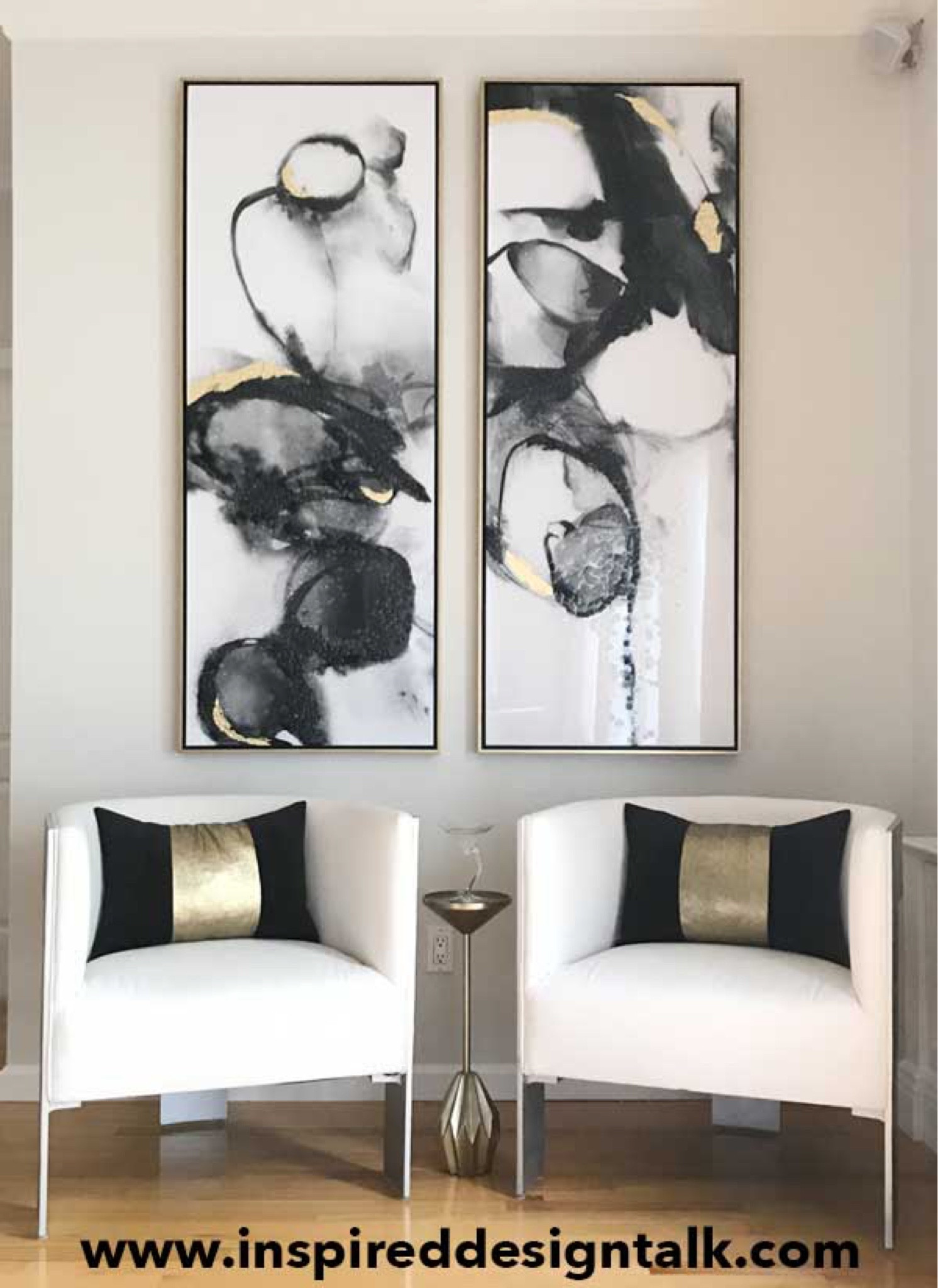 Modern Contemporary artwork to update your living room, hallway, dining room and more!! Accent chairs with black lumbar pillow and gold drink table  

#LTKFind #LTKhome #LTKstyletip