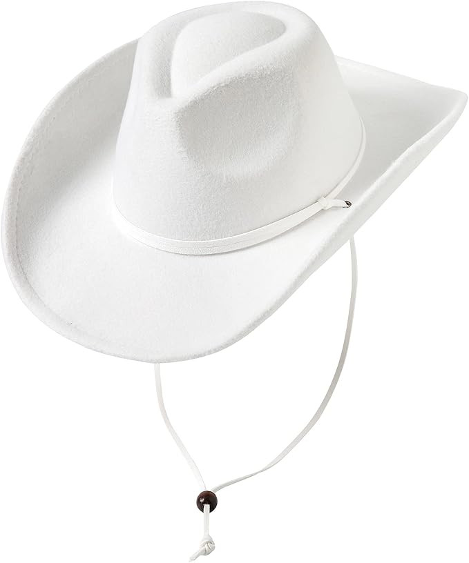 Lanzom Women Men Retro Felt Wide Brim Western Cowboy Cowgirl Hat Dress Up Hat with Wind Lanyard | Amazon (US)