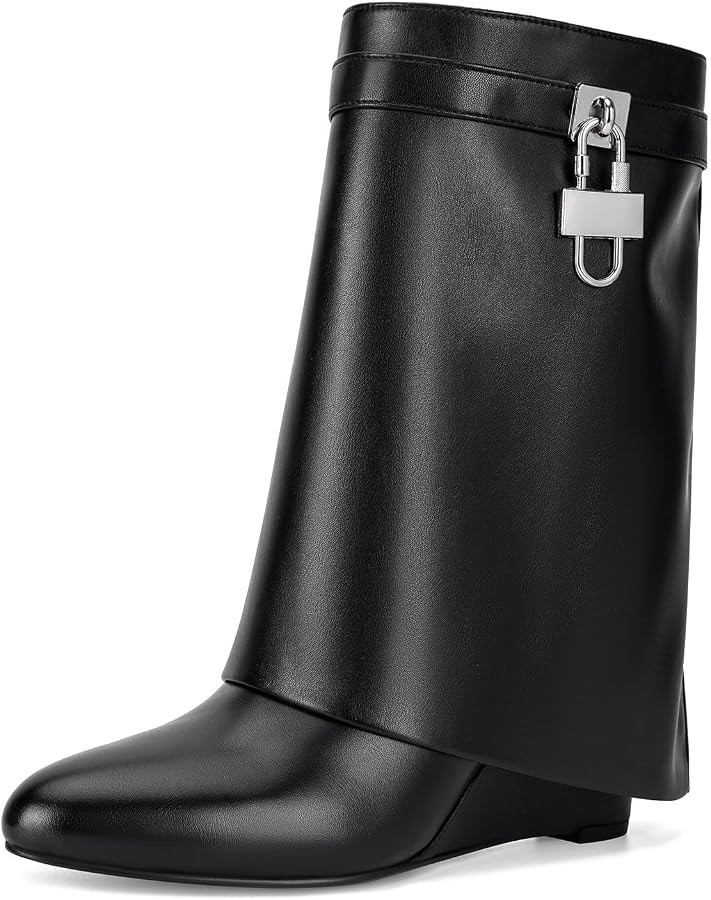 CORNMOOD Women Fold Over Shark Boots Wide Mid-calf Boots Platform Wedge Heel Almond Toe Faux Leat... | Amazon (US)