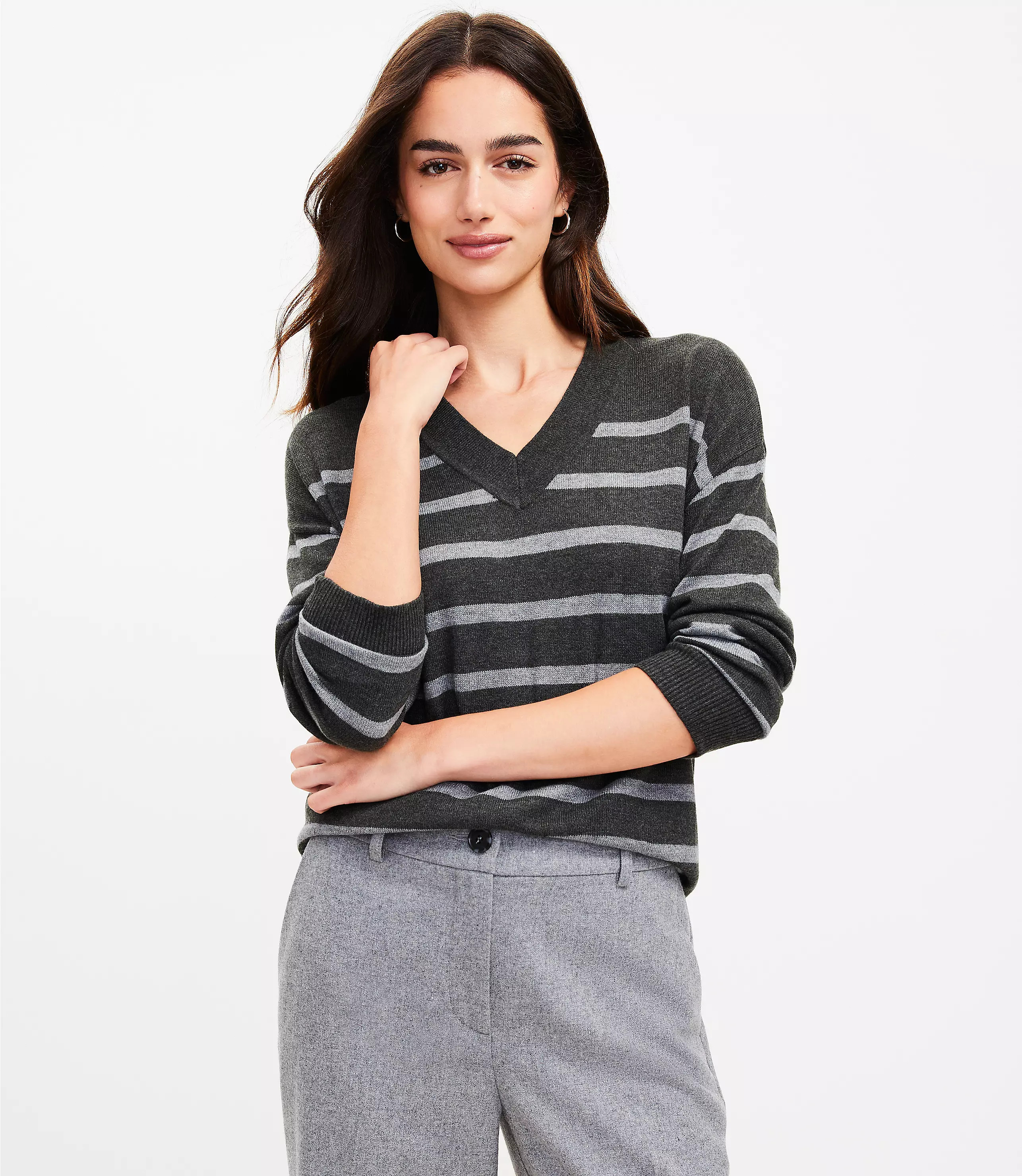 Striped Luxe Knit V-Neck Tunic Sweater | LOFT