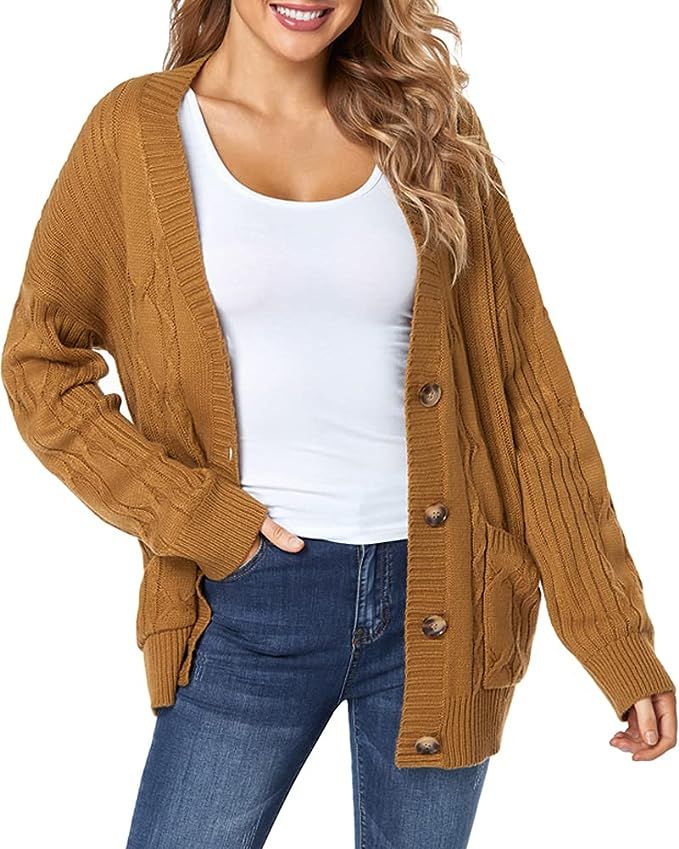 Fuinloth Women's Cardigan Sweater, Oversized Chunky Knit Button Closure with Pockets | Amazon (US)