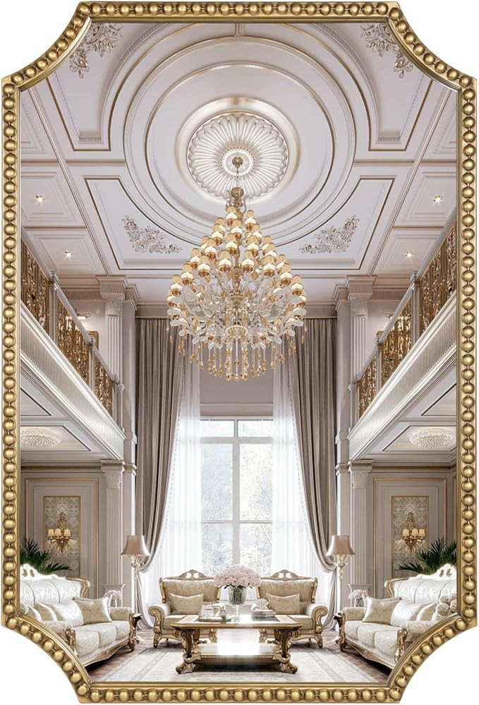 24"x36" Mirror for Wall, Scalloped Corners Rectangle Decorative Mirror, Metal Beaded Frame Accent... | Amazon (US)