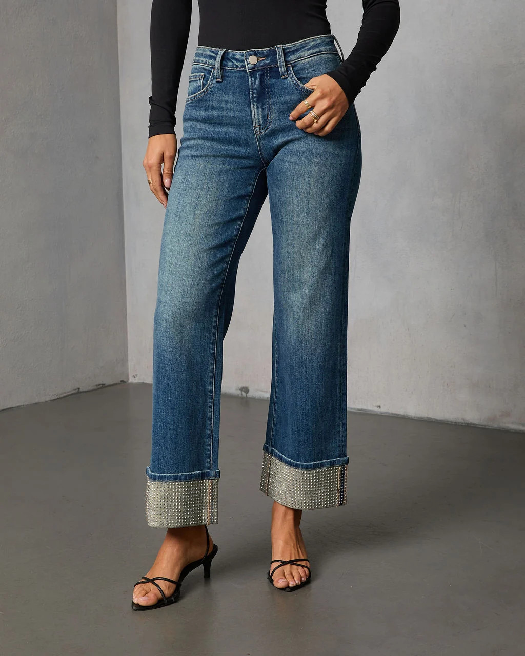 Sparkle Season Stretch Wide Leg Embellished Cuff Jeans | VICI
