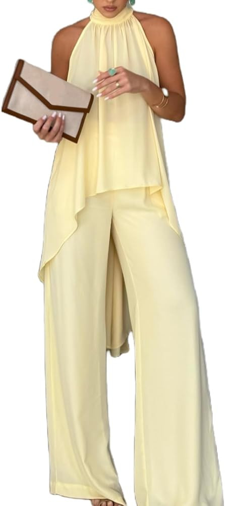 Womens 2 Piece Vacation Outfits Sleeveless Mock Neck Top and Wide Leg Pants Casual Sets Going Out | Amazon (US)