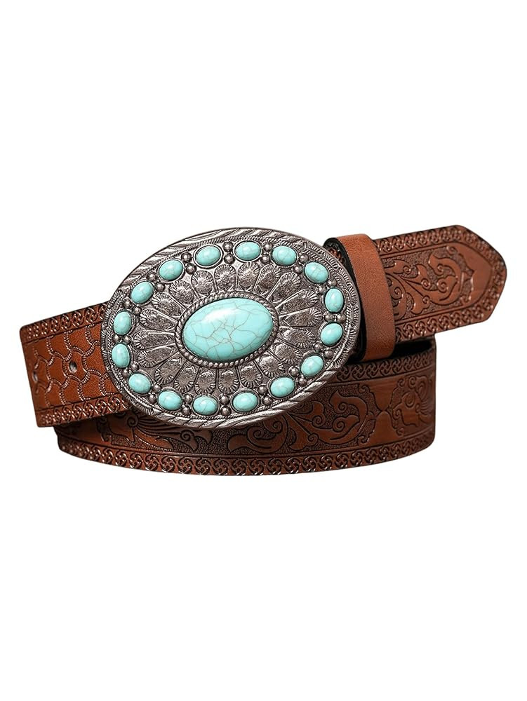 GORGLITTER Women's Western Leather Belt Vintage Turquoise Buckle Waist Belt for Dress | Amazon (US)