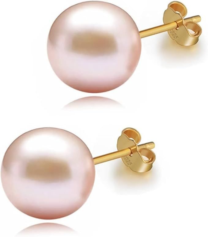 pink pearls 18K Gold stud Earrings for women Ladies Girl，Handpicked Genuine Freshwater's aquacu... | Amazon (US)