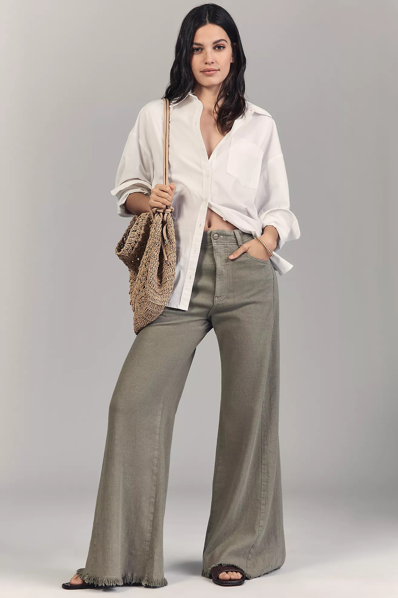 The Adi Mid-Rise Frayed Relaxed Flare Pants by Pilcro: Linen Edition | Anthropologie (US)
