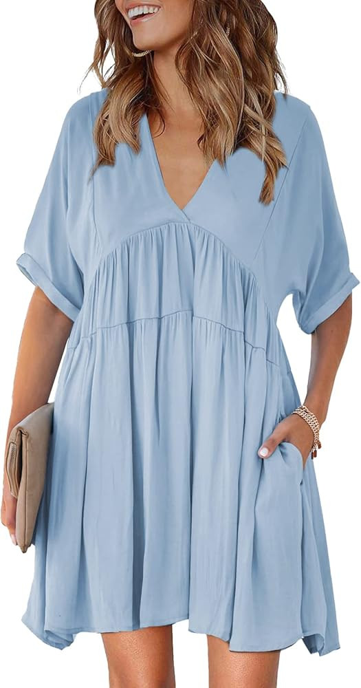 TIKSAWON Women's V Neck Tie Back High Waist Ruffle Flowy Swing Summer Dress | Amazon (US)