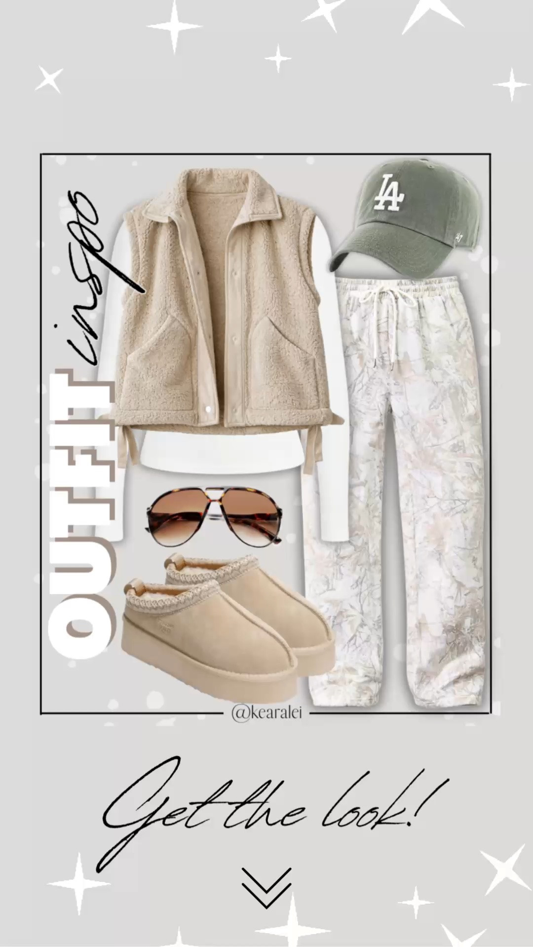 Fall outfits women winter outfits casual outfits comfy outfit Amazon fashion tan khaki beige oversized fuzzy fleece vest tan Sherpa vest free people inspired look for less light grey white camo sweat pants sweats Camo Pants Women Baggy Fleece Y2K Camouflage Cargo Pants High Waisted Wide Leg Drawstring Jogger Sweatpants white long sleeve top bodysuit white Henley long sleeve top tan Ugg tazz slippers genuine shearling suede leather platform clogs slippers uggs look for less with green 47 brand baseball hat cap brown aviator sunglasses || #amazon #outfit #winter #fall #cozy #freepeople #vest #affordable #neutrals
.
.
.

Fitness Wear, Activewear, exercise outfit, workout leggings, sports bra, Lulu lemon, free people motion active athleisure Amazon fashion, teacher outfits, business casual, casual outfits, neutrals, street style, Midi skirt, Maxi Dress, Swimsuit, Bikini, Travel, skinny Jeans, Puffer Jackets, Concert Outfits, Cocktail Dresses, Sweater dress, Sweaters, cardigans Fleece Pullovers, hoodies, button-downs, Oversized Sweatshirts, Jeans, High Waisted Leggings, dresses, joggers, fall Fashion, winter fashion, leather jacket, Sherpa jackets, Deals, shacket, Plaid Shirt Jackets, apple watch bands, lounge set, Date Night Outfits, Vacation outfits, Mom jeans, shorts, sunglasses, Disney outfits, Romper, jumpsuit, Airport outfits, biker shorts, Weekender bag, plus size fashion, Stanley cup tumbler Target, Abercrombie and fitch, Amazon, Shein, Nordstrom, H&M, forever 21, forever21, Walmart, asos, Nordstrom rack, Nike, adidas, Vans, Quay, Tarte, Sephora, lululemon, free people, j crew jcrew factory, old navy

#LTKootd #LTKSeasonal #LTKSaleAlert