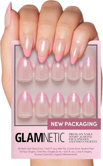 Glamnetic Press On Nails - Bubble Gum Glaze | Short Almond Pink French Tip Fake Nails with a Glaz... | Amazon (US)