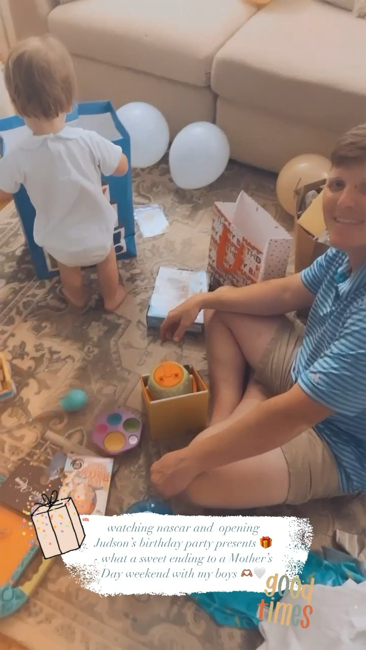 watching nascar and  opening Judson’s birthday party presents 🎁 - what a sweet ending to a Mother’s Day weekend with my boys 🫶🏽🤍