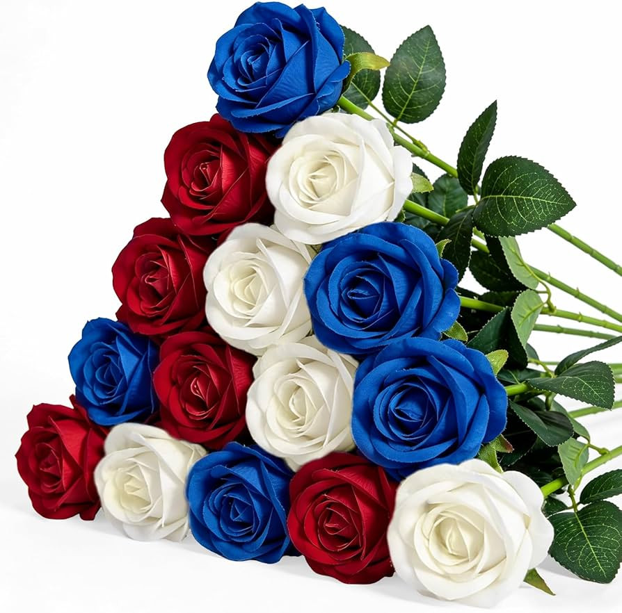 15PCS Red Blue White Artificial Flowers Fake Roses, Silk Artificial Patriotic Flowers with Stems ... | Amazon (US)