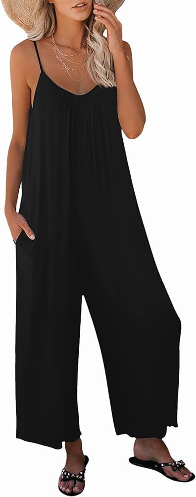 SNUGWIND Womens Casual Sleeveless Strap Loose Adjustable Jumpsuits Stretchy Long Pants Romper with P | Amazon (US)