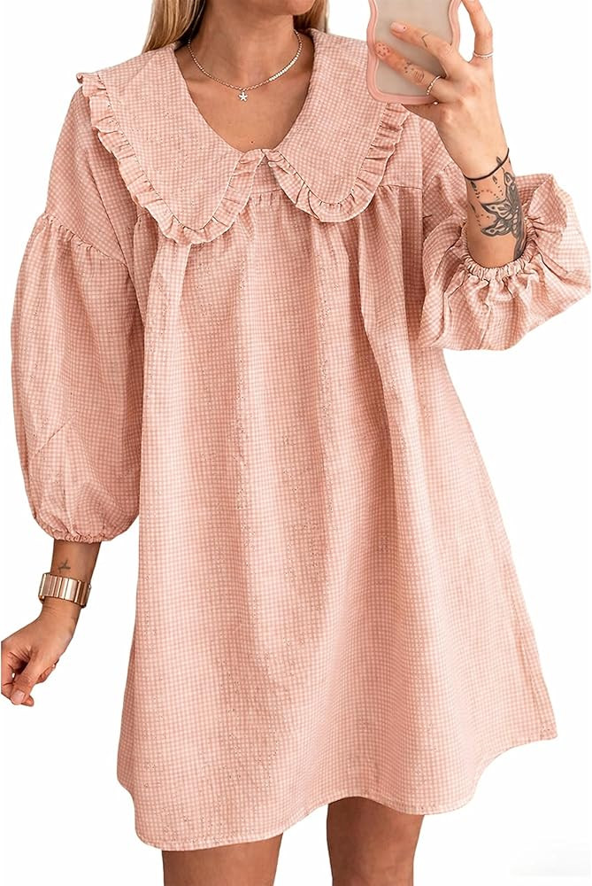 2026 Women's Babydoll 3/4 Puff Sleeve Plaid Mini Dress Lapel Doll Collar Loose Y2k Dress | Amazon (US)
