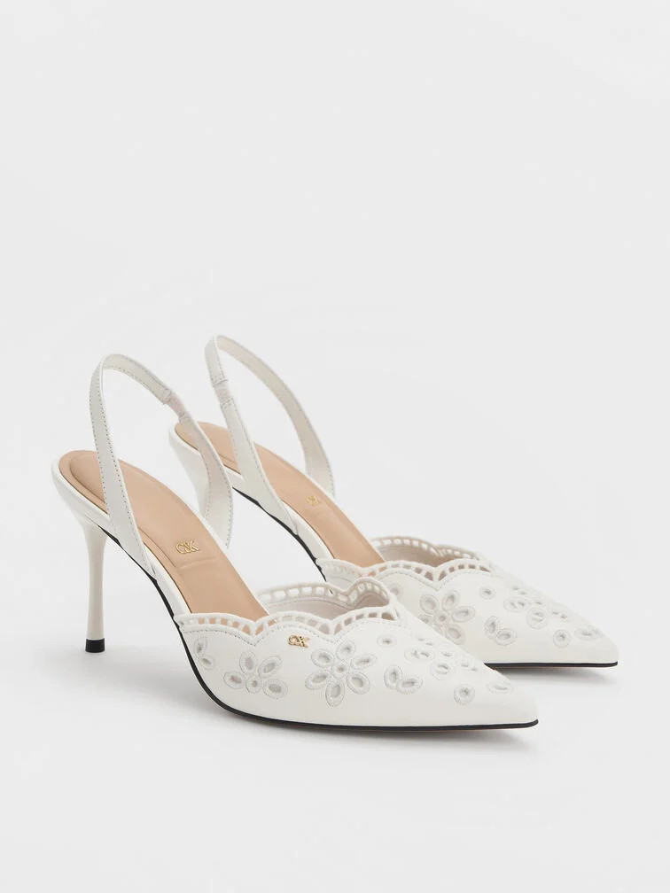White Leather Embroidered Pointed Slingback Pumps | CHARLES & KEITH | Charles & Keith US