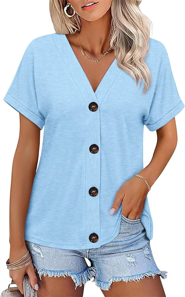 Womens Summer Tops Short Sleeve Button Down Shirts Casual V Neck T Shirts Trendy Tunic Tops | Amazon (US)