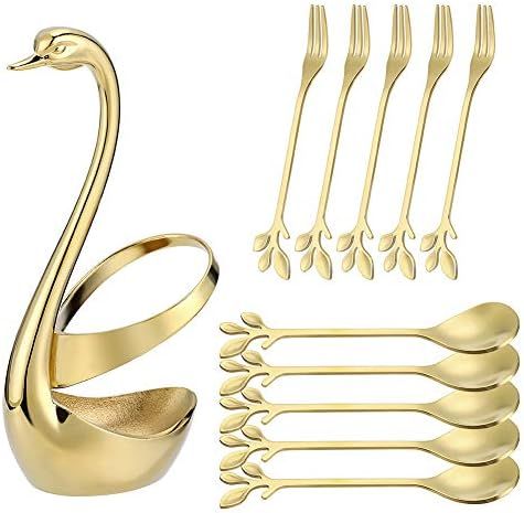 Stainless Steel Gold Creative Dinnerware Set AnSaw - Decorative Swan Base Holder with 5 Forks and... | Amazon (US)