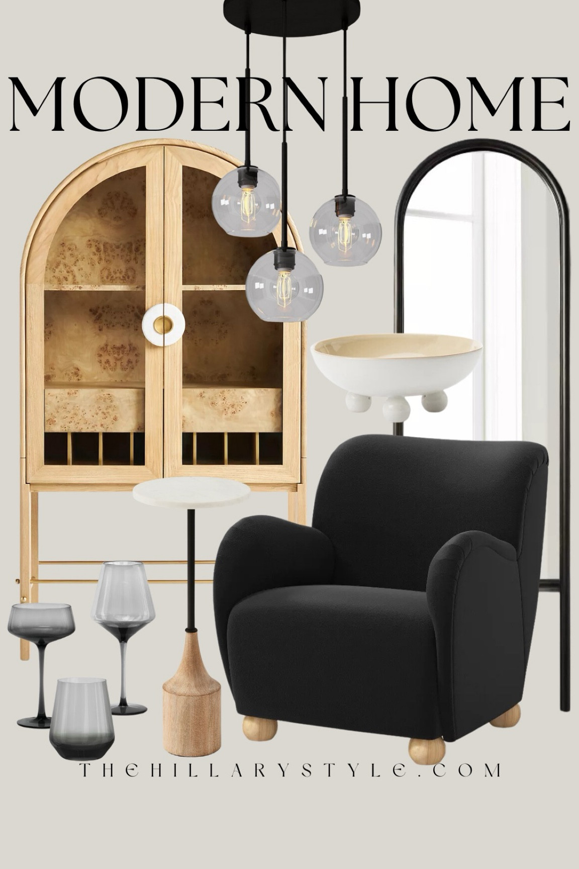 Modern Home: Neutral home decor and furniture for the modern organic home. Bar cabinet, natural wood cabinet, velvet accent chair, black accent chair, cocktail table, drink table, side table, floor mirror, arched mirror, globe chandelier, ceramic bowl, wine glass, coupe glass, stemless wine glass, smoke glasses, gray glasses. Target, Anthropologie, west elm, McGee & Co.

#LTKSeasonal #LTKStyleTip #LTKHome