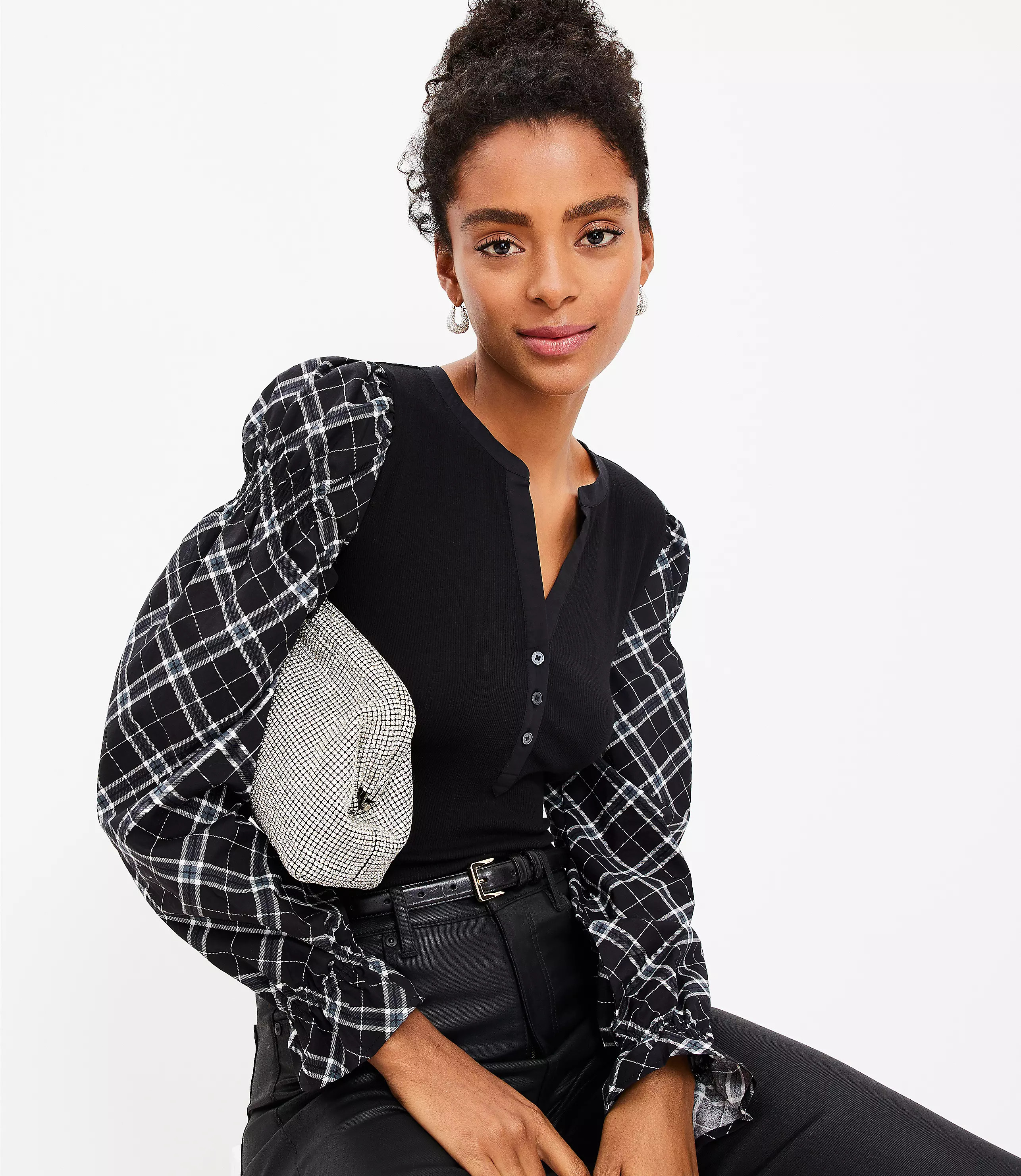 Plaid Henley Mixed Media Top | LOFT