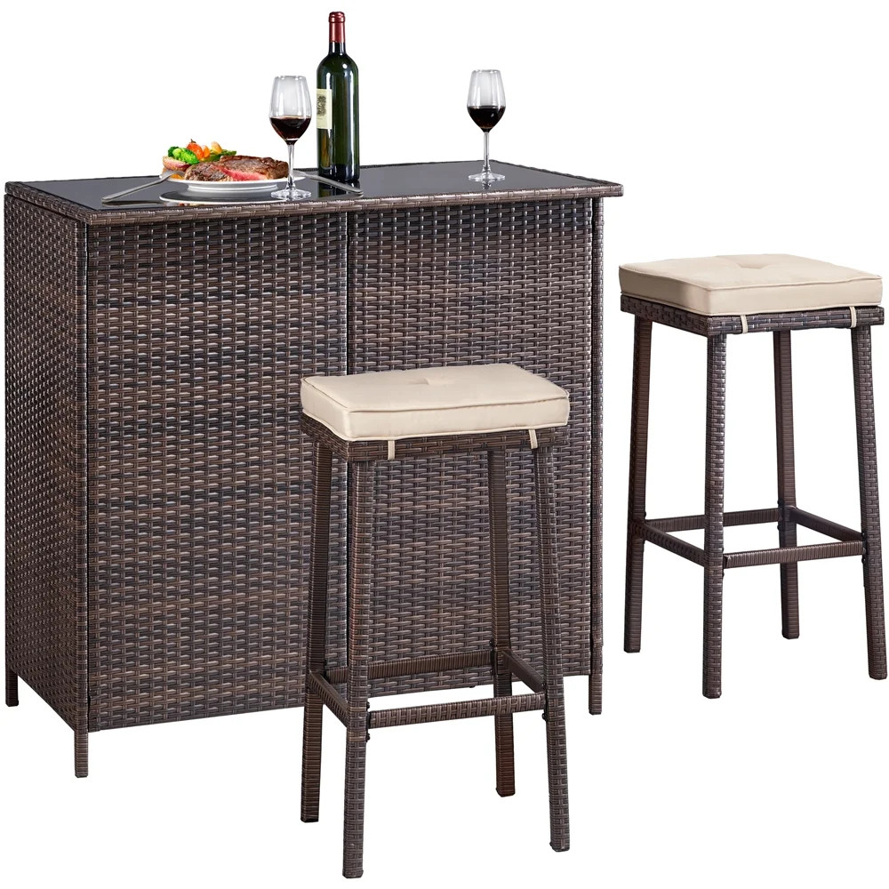 Easyfashion 3-Piece Outdoor Rattan Wicker Bar Set, Brown | Walmart (US)