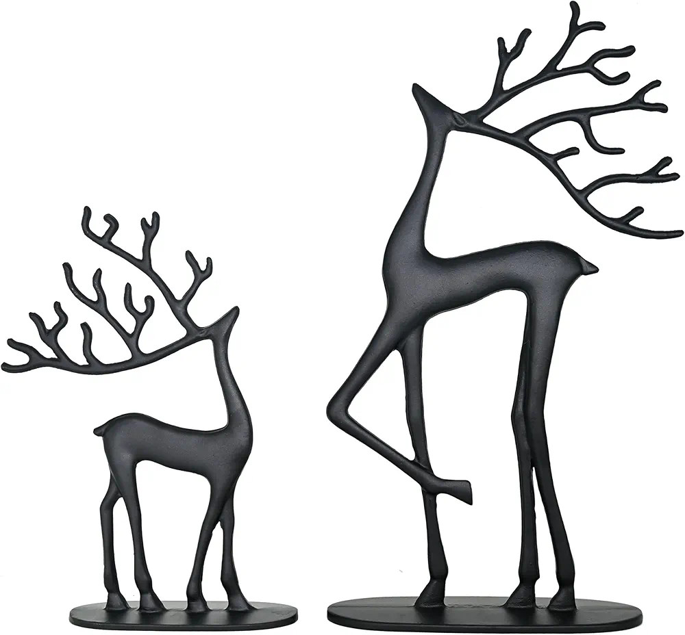 Modern Reindeer Statues Set of 2 Cast Aluminum Black Deer Sculpture Accent Figurine, Decorative, ... | Amazon (US)